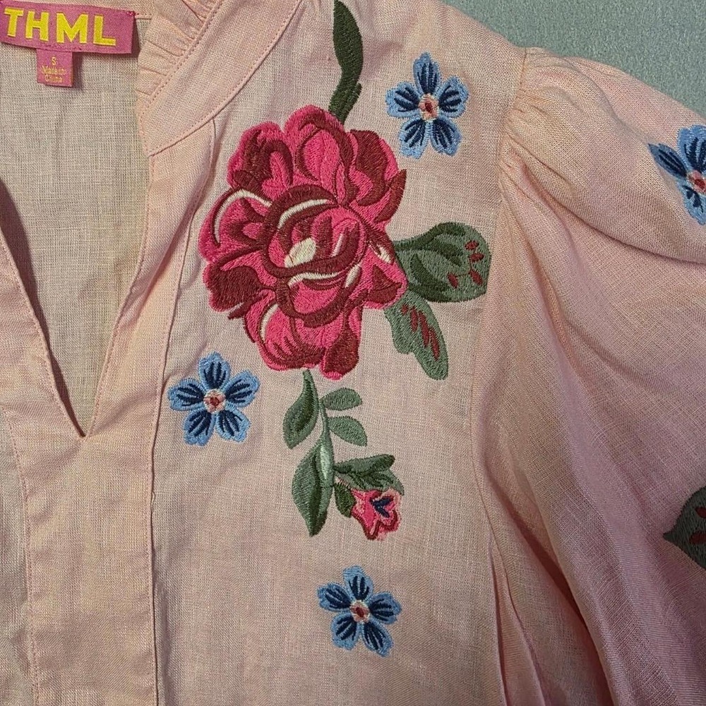 THML linen Women Small Pink Floral Embroidered Puff Sleeve Blouse Top - Picture 5 of 6
